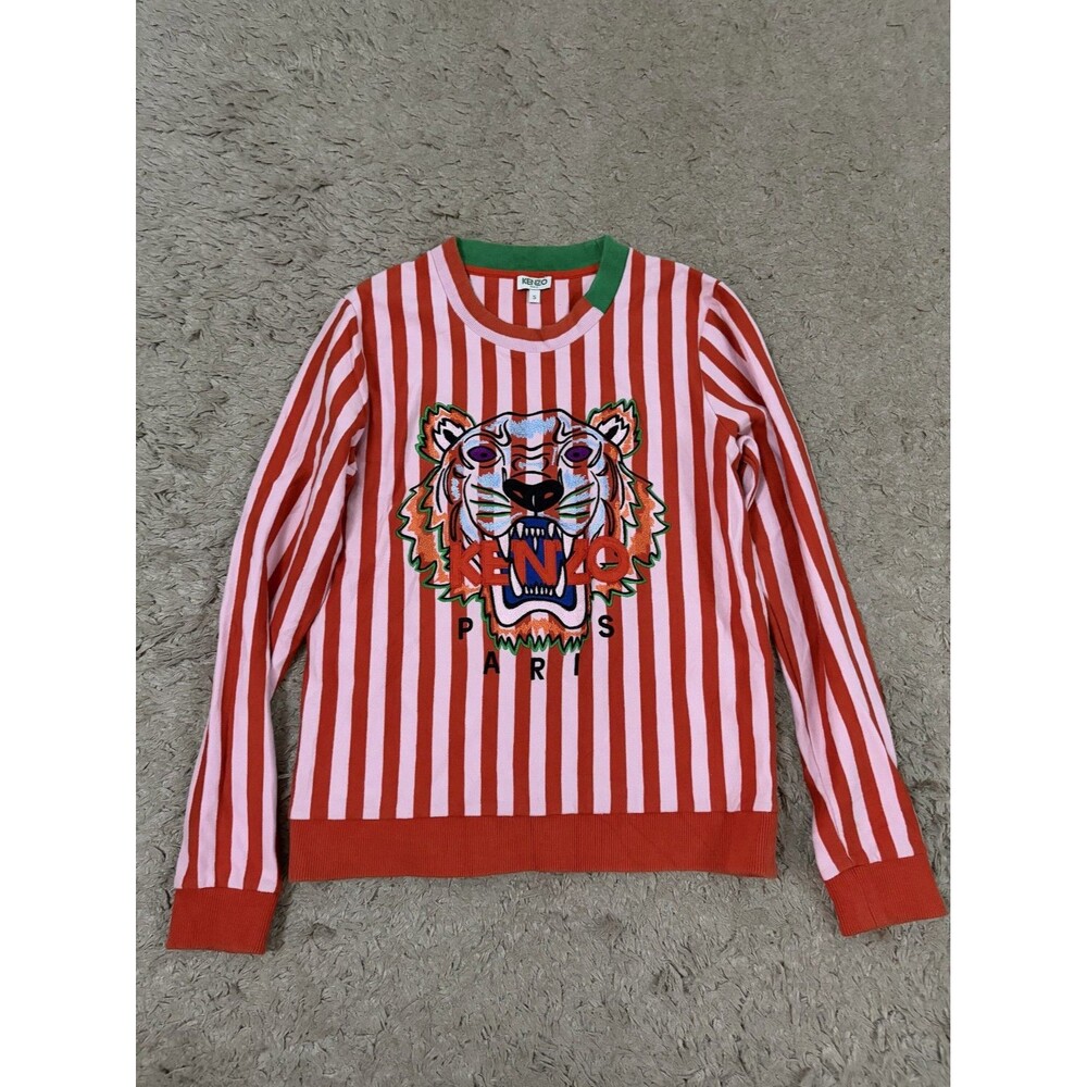 Kenzo orange pink stripe Cotton Tiger Embroidered Sweatshirt Size SMALL WOMEN